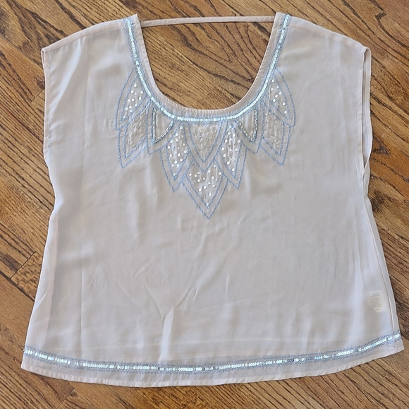 Nude Peach Sheer Sequin Top - Picture 1 of 5